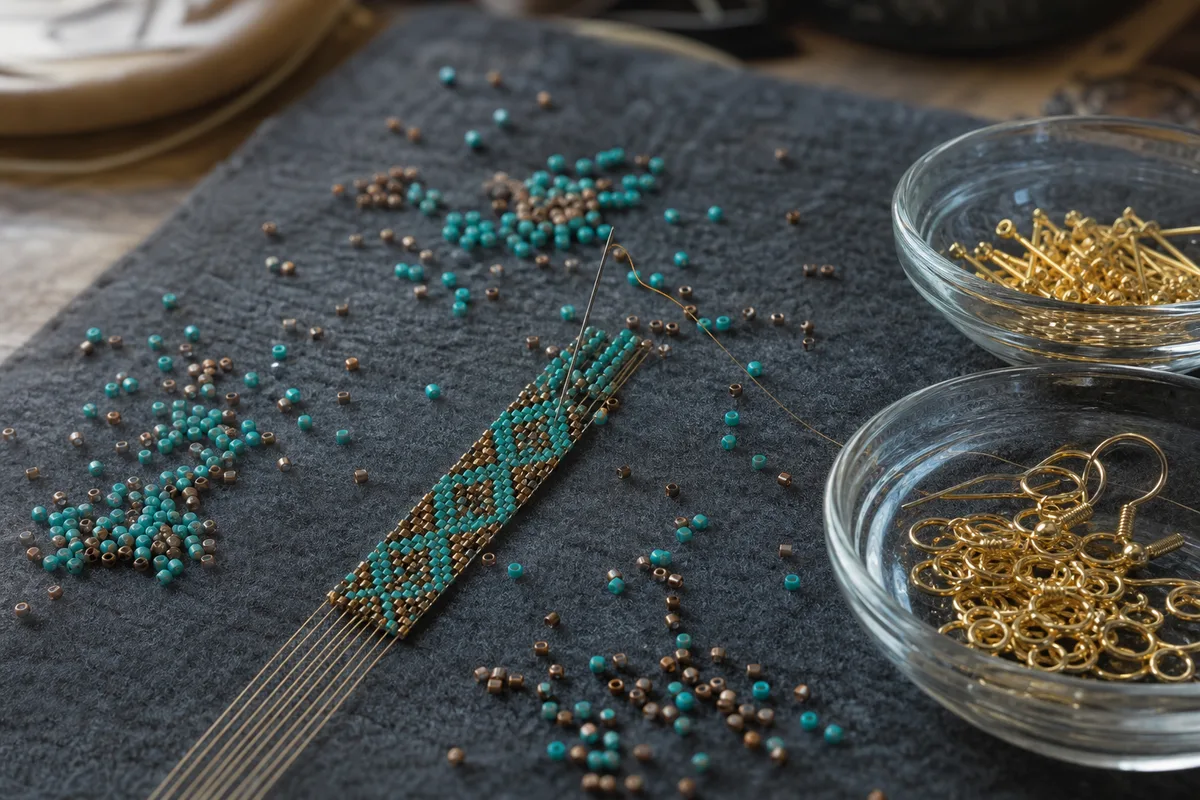 Établi de bijoutier avec pinces, coupelles de perles triées par couleur et bobine de fil de laiton