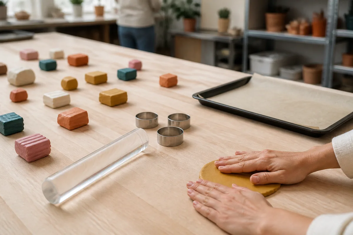 Table d&rsquo;atelier collective avec pâte polymère colorée, rouleau et emporte-pièces, mains en train de modeler