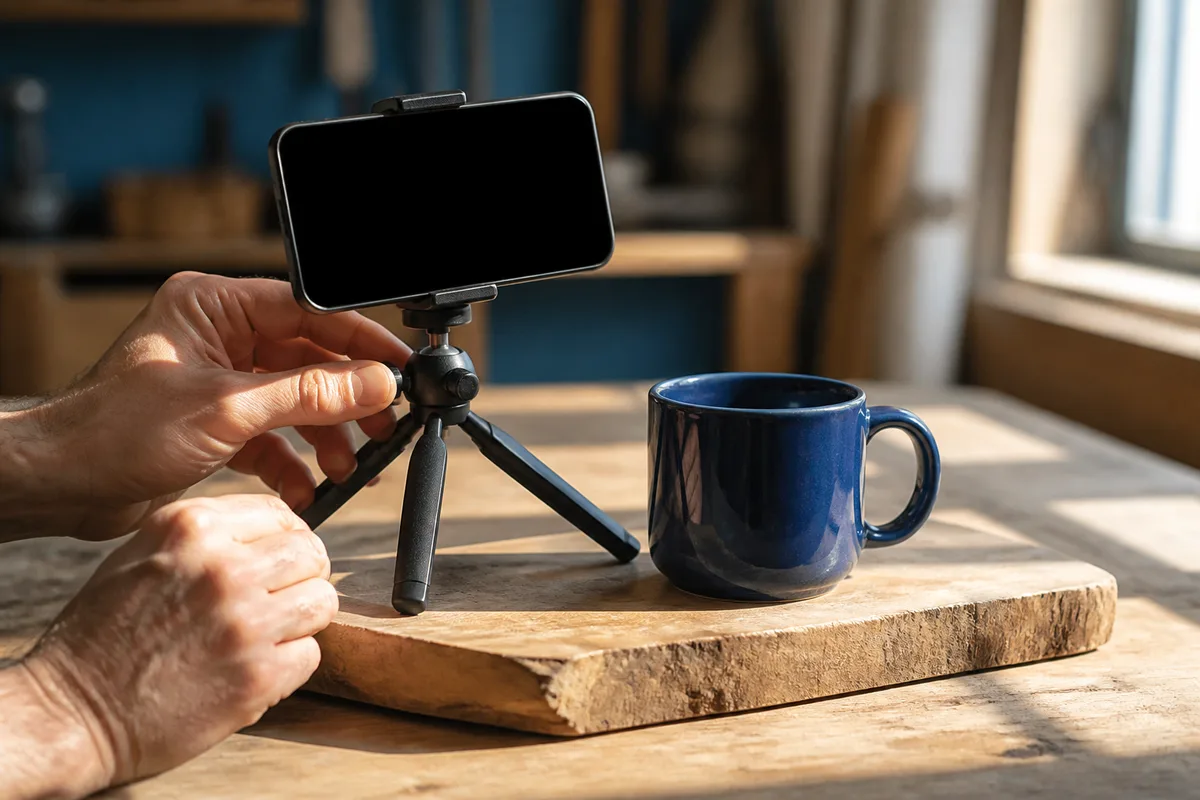 Smartphone monté sur un petit trépied de table filmant une pièce en céramique près d&rsquo;une fenêtre d&rsquo;atelier