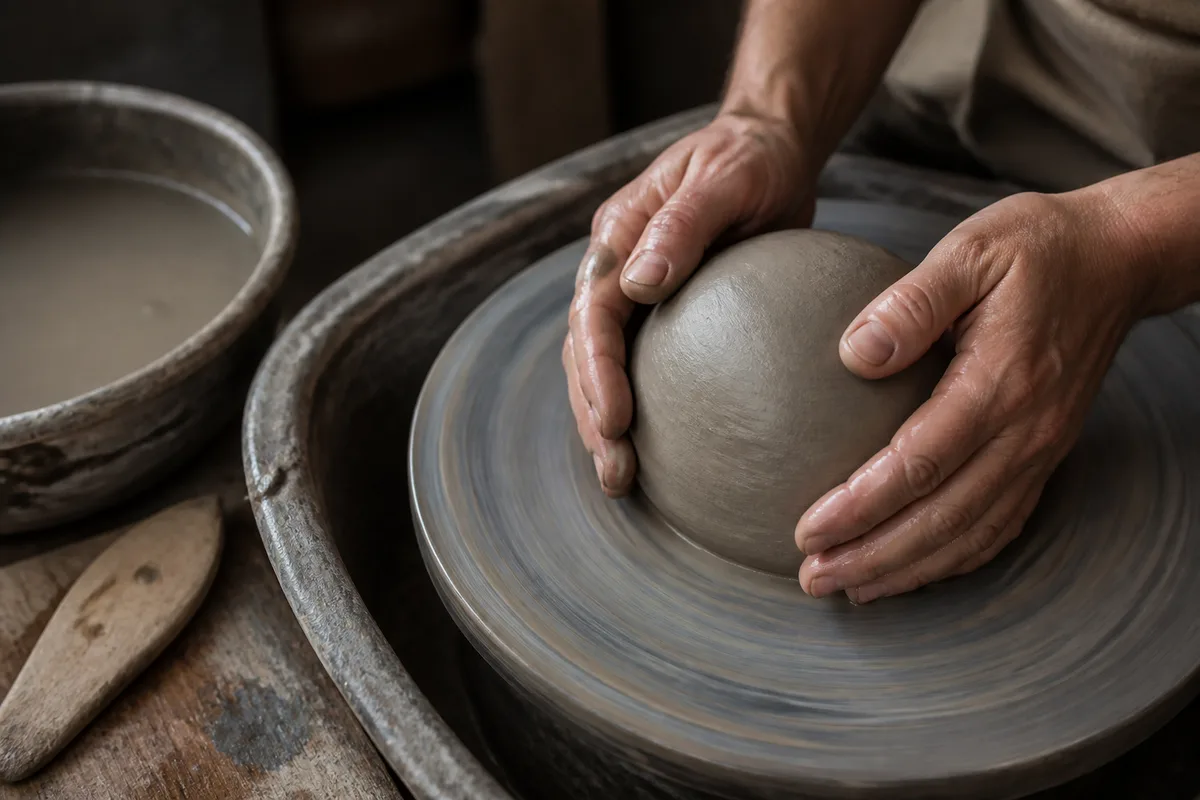 Mains d&rsquo;artisan tournant une pièce d&rsquo;argile sur un tour, cadrage rapproché, lumière douce venue de la gauche