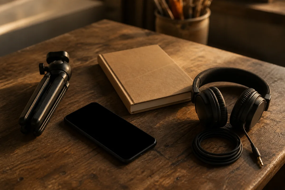 Table d&rsquo;atelier en fin de journée, petit trépied replié et smartphone à écran noir posés près d&rsquo;un carnet fermé