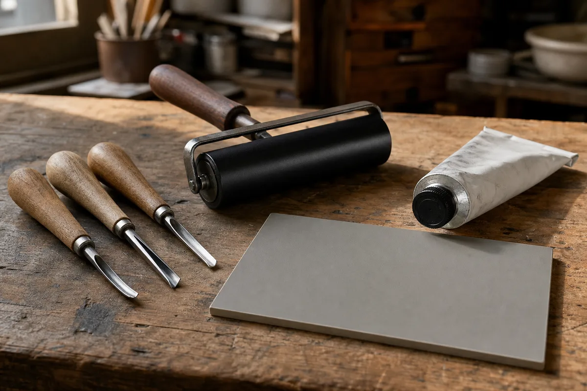 Gouges, rouleau encreur et plaque de linoléum posés sur un plan de travail d’atelier