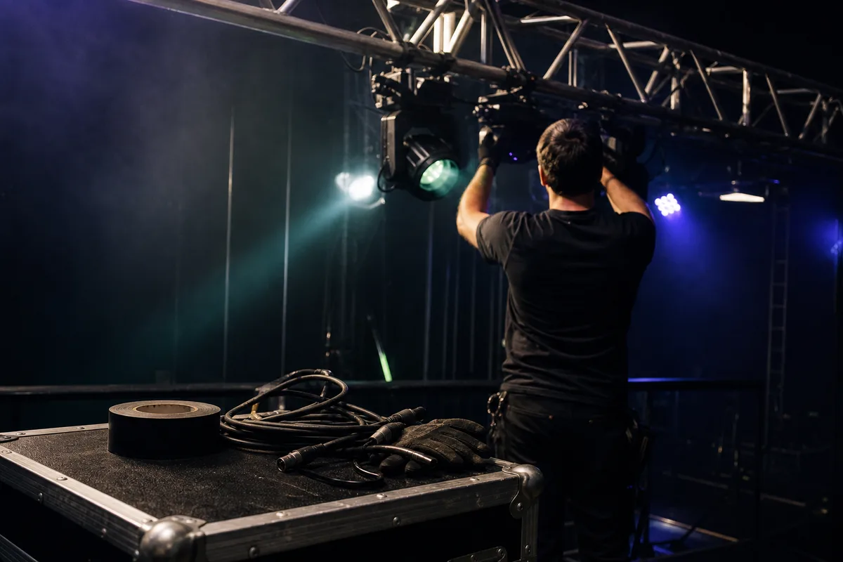 Régisseur lumière ajustant un projecteur sur une scène de spectacle vivant