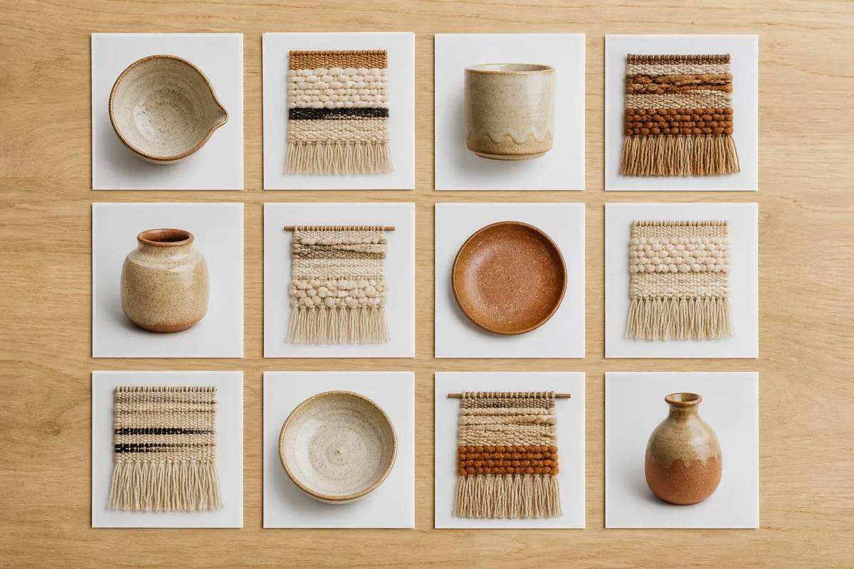 Grille de vignettes carrées de pièces artisanales sur une planche de bois clair