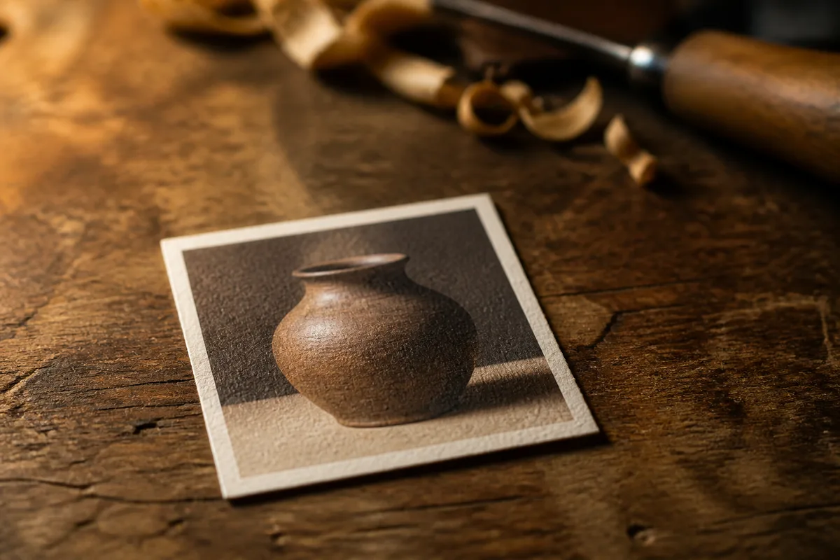 Petite vignette carrée imprimée posée sur un établi d&rsquo;atelier, cadrage macro en lumière rasante