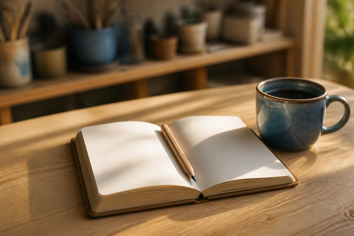 Carnet ouvert et crayon de bois posés près d&rsquo;une tasse en grès sur une table d&rsquo;atelier