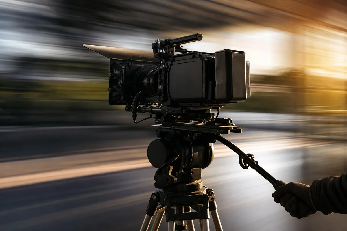 Caméra sur trépied en plein panoramique, arrière-plan filé par le mouvement