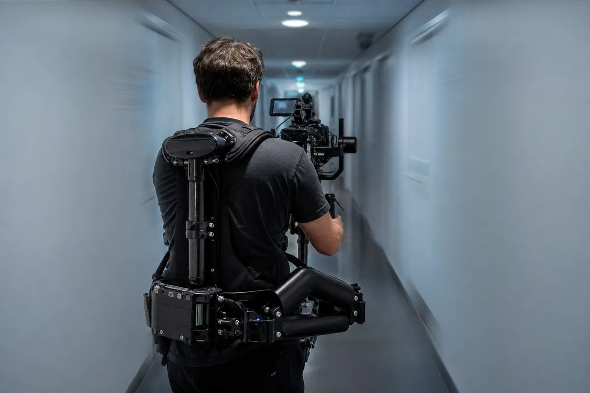 Opérateur harnaché à un steadicam suivant un acteur dans un couloir