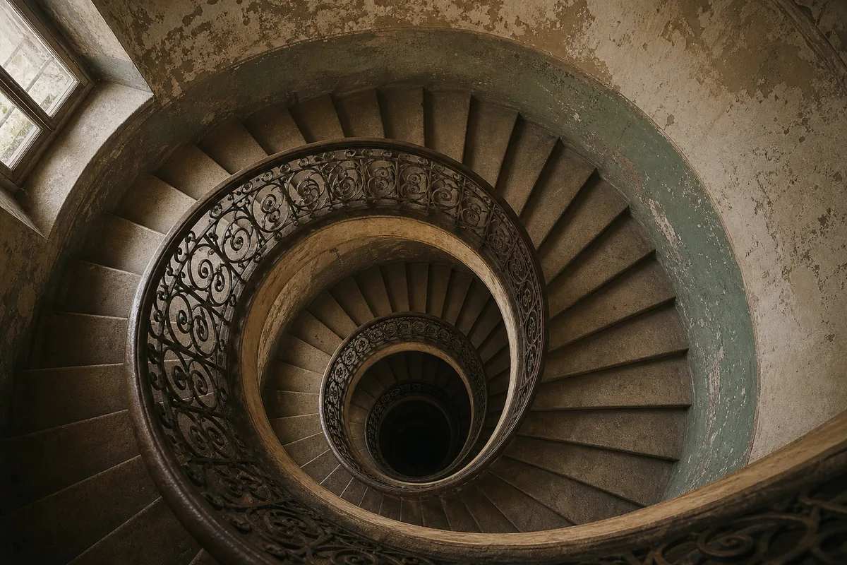 Cage d&rsquo;escalier en colimaçon vue en plongée, perspective déformée