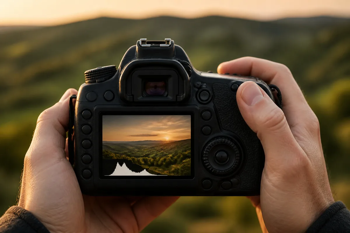Photographe réglant son appareil face à un paysage en fin de journée, histogramme visible sur l&rsquo;écran arrière