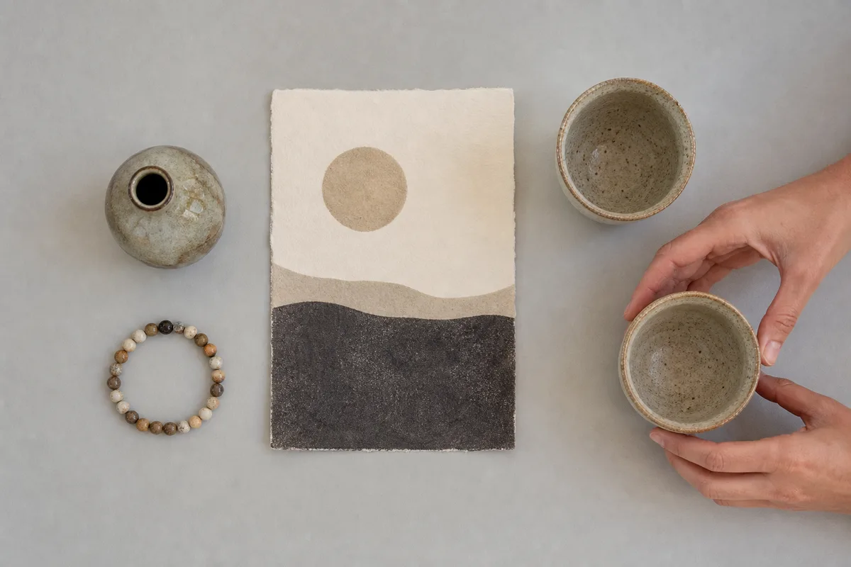 Série de pièces artisanales alignées sur un fond neutre pour une séance de prise de vue