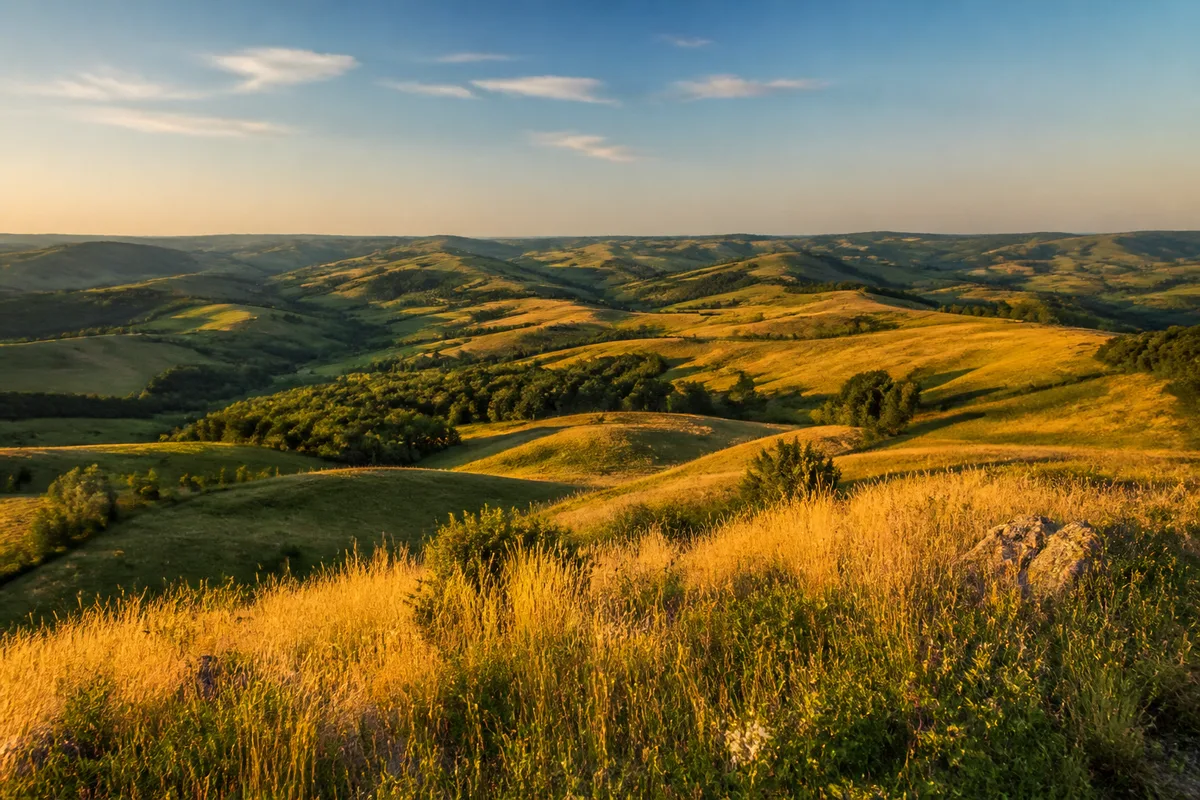 Paysage de collines net du premier plan herbeux jusqu&rsquo;aux reliefs lointains, lumière de fin d&rsquo;après-midi